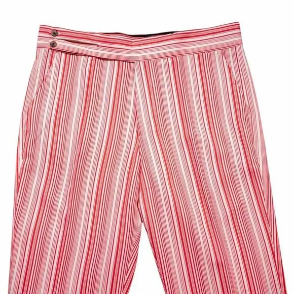 Mens Gurkha Pants 38 Red White Striped Cotton Trousers Straight Fit Flat Front